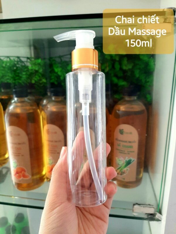 Vỏ Chai Nhựa 150ml Trong Suốt + Nắp Bơm Gel Mạ Vàng Chiết Dầu Massage